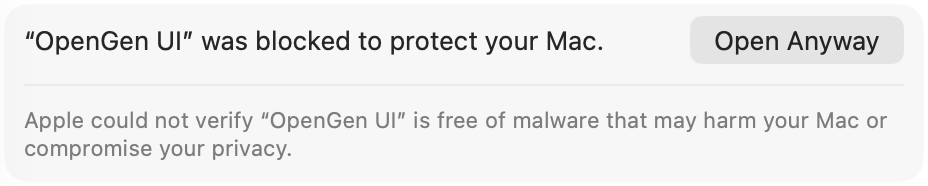 macOS Security settings showing the Open Anyway button for OpenGen UI